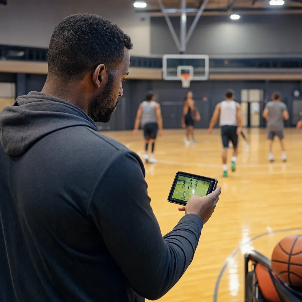 Coach reviewing a practice recording on a basketball court