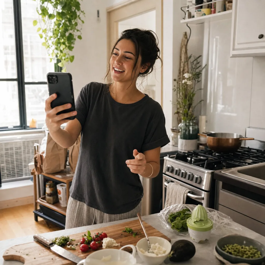 Woman casually filming a day-in-the-life video in her kitchen