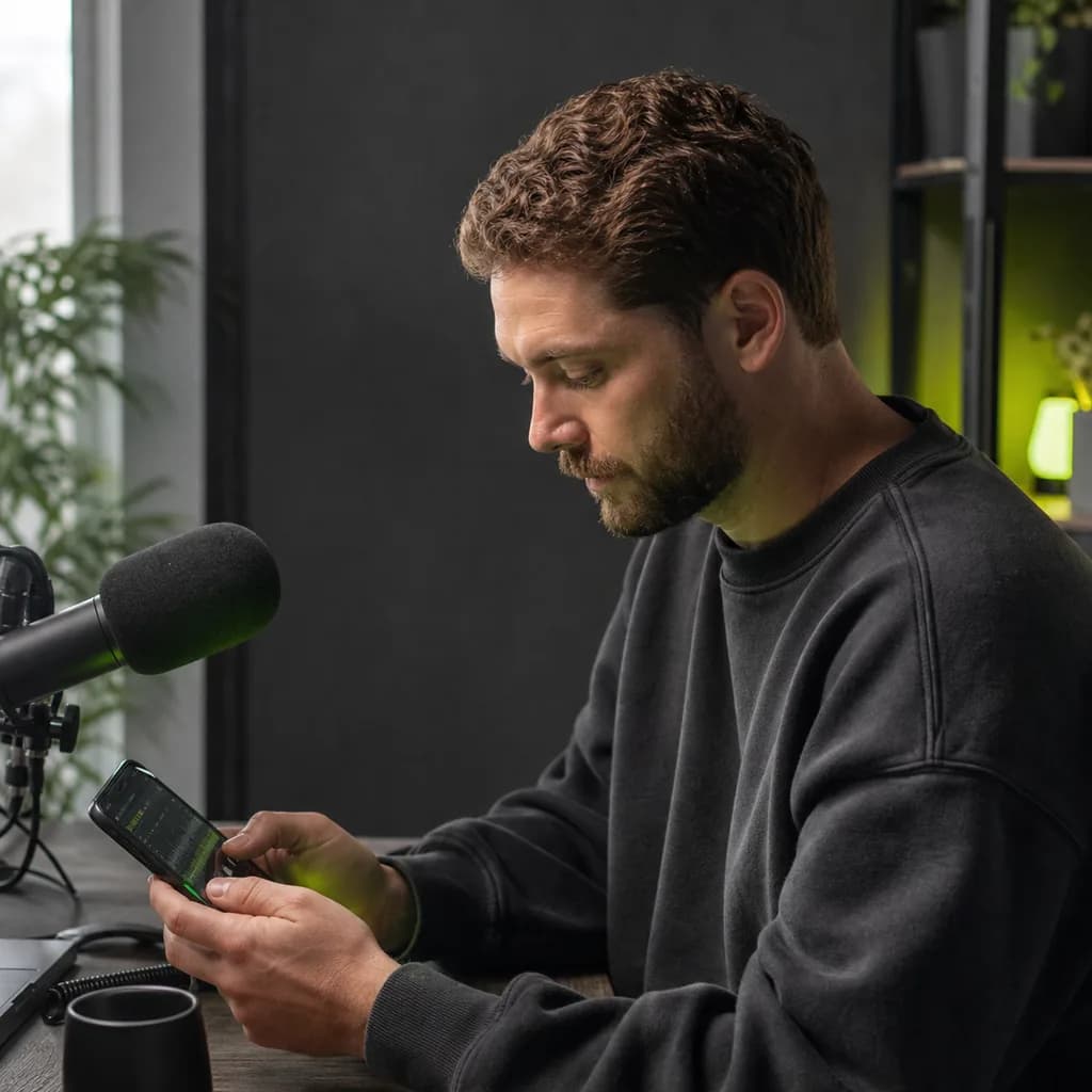 Podcaster reviewing a recording at a desk