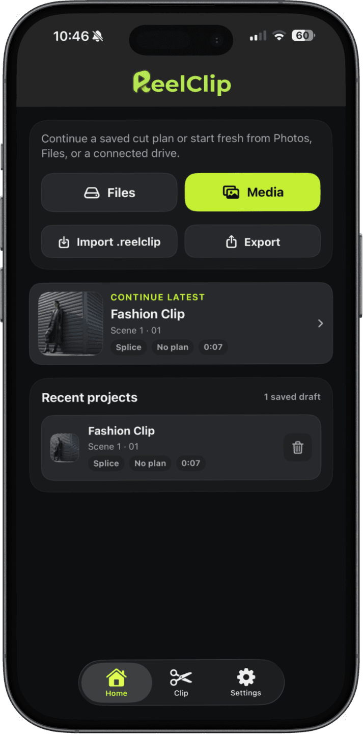 ReelClip home screen showing a saved project and import options
