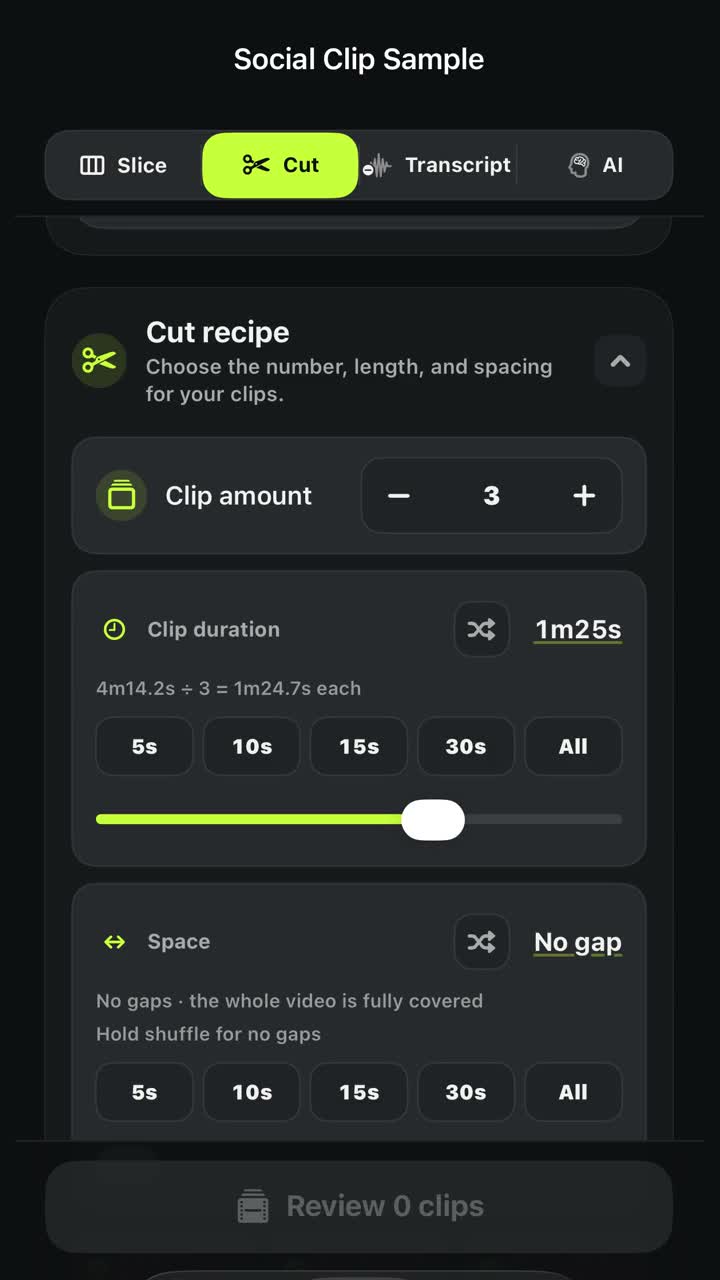Cut recipe: Clip amount 3, Clip duration 1m25s, precise 1m24.7s readout and Space No gap. Review 0 clips is still disabled before Add.